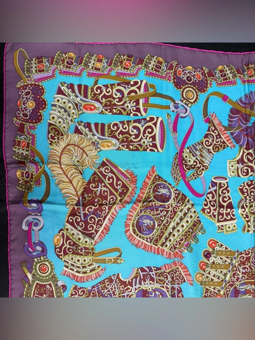 Hermes Silk Scarf Sous Le Gide De Mars Armor Purple Teal Gold Authentic - Picture 5 of 12